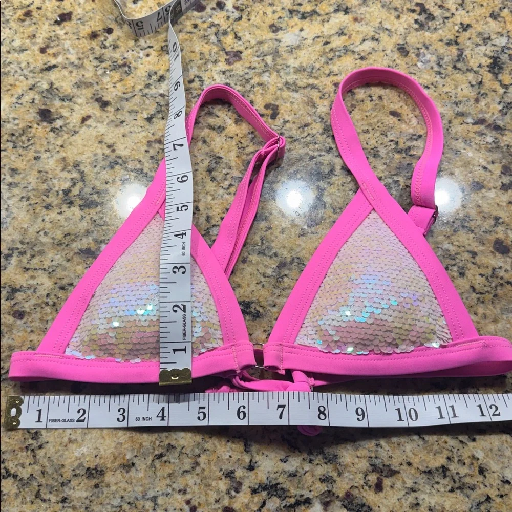 EUC‎ Zaful Pink Sequin Triangle Bikini Top Small Iridescent Mermaid Tie Back